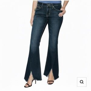 Cruel Denim Hannah Slim Fit Flare blue jean dark wash fray split leg bell size 3